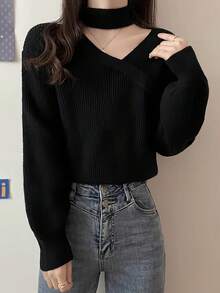 新品不对称V领灯笼袖宽松短款针织毛衣韩版长袖上衣