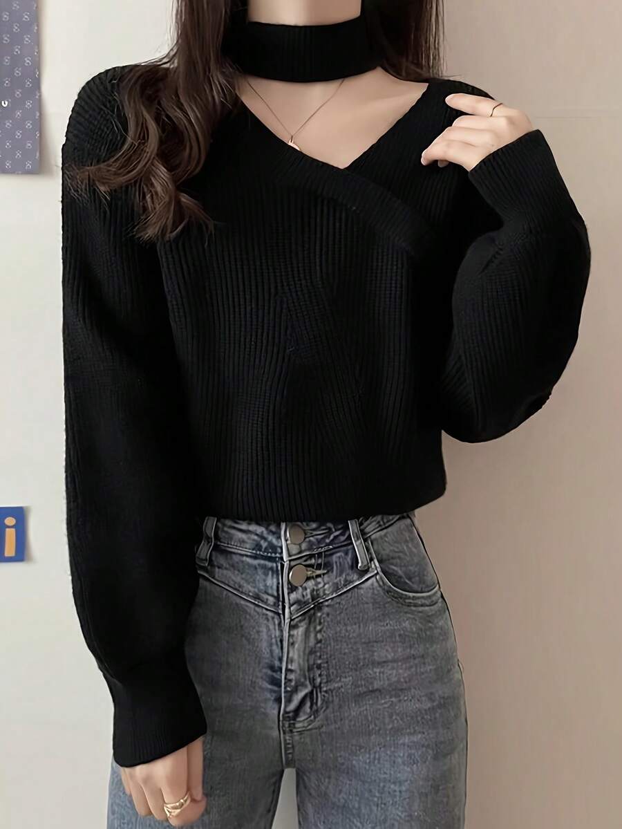 新品不对称V领灯笼袖宽松短款针织毛衣韩版长袖上衣