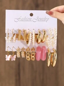 20pcs Fashion Faux Pearl Butterfly Design Women's Earrings Set, Simple Sweet Style Accessories, Suitable For Daily Wear Or As Holiday Gift - Gold - View 9