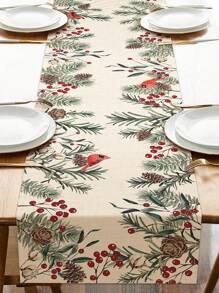 Christmas Pine Needle Linen Table Runner Dresser Scarf Pine Cone Cardinal Red Birds Kitchen Table Runner Christmas Decorations - Multicolor - View 7