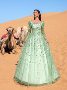 Faeriesty Đầm dạ hội dài tay ôm sát, sang trọng, đính cườm và sequin - Hiệu ứng lấp lánh nhiều lớp, thích hợp cho các buổi dạ tiệc trang trọng, sự kiện thảm đỏ và đám cưới thanh lịch. - màu xanh lá - Xem 5
