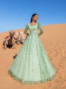 Faeriesty Đầm dạ hội dài tay ôm sát, sang trọng, đính cườm và sequin - Hiệu ứng lấp lánh nhiều lớp, thích hợp cho các buổi dạ tiệc trang trọng, sự kiện thảm đỏ và đám cưới thanh lịch. - màu xanh lá - Xem 3