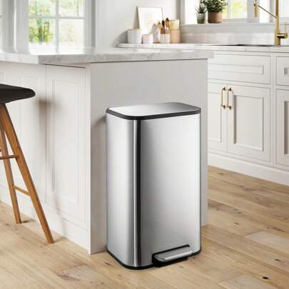 Trash Can, Stainless Steel Garbage Can With Lid, Step-On Pedal Bucket, Rectangular Trash Can For Kitchen For Office Living Room Small Spaces