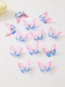 10pcs/Set Girls' Blue & Pink Ombre Double-Layer Rhinestone Transparent Tulle Butterfly Small Hair Clips, Cute Princess Hair Accessories Bangs Clips Side Claws - Multicolor - View 5