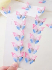 10pcs/Set Girls' Blue & Pink Ombre Double-Layer Rhinestone Transparent Tulle Butterfly Small Hair Clips, Cute Princess Hair Accessories Bangs Clips Side Claws - Multicolor - View 2