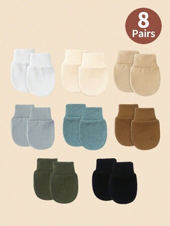 8 Pairs Of Solid Color Edging Anti-Scratch Face Mittens For Infant Boys, Soft & Comfortable Full Finger Gloves Suitable For 0-6 Months Babies, Casual Wear For Spring, Summer, Autumn & Winter