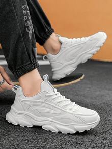 Men's Solid Color Lace-Up Thick Sole Casual Sneakers - White - View 6