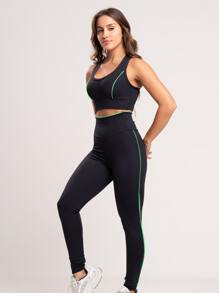Women's Gym Set In Zero Transparency Polyamide With Piping Detail - màu xanh lá - Xem 2