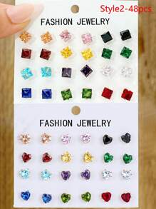 24pcs/48pcs/96pcs Minimalist Colorful Cubic Zirconia Stud Earrings Set For Women, Suitable For Date, Party, Commute, Casual Daily Wear