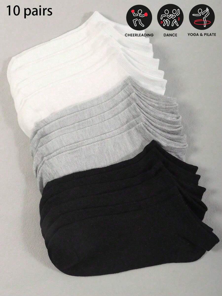 Sports Outdoor 10 Pairs Ladies Simple Solid Color Breathable Flat Summer Ankle Socks, Black/White/Grey