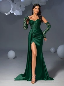 Elisanya 优雅露肩紧身胸衣晚礼服，高开衩，配有可拆卸歌剧手套——迷人的轮廓，不对称的侧垂设计，适合红毯盛典、正式婚礼、奢华周年纪念派对和正式慈善活动 - 墨綠色 - 查看 8