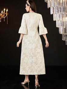 优雅花卉提花长袖圆领连衣裙 - 杏色 - 查看 4