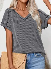 Women's Summer Tops V Neck T-Shirt Ribbed Cap Short Sleeve Casual Blouse - Black - View 1