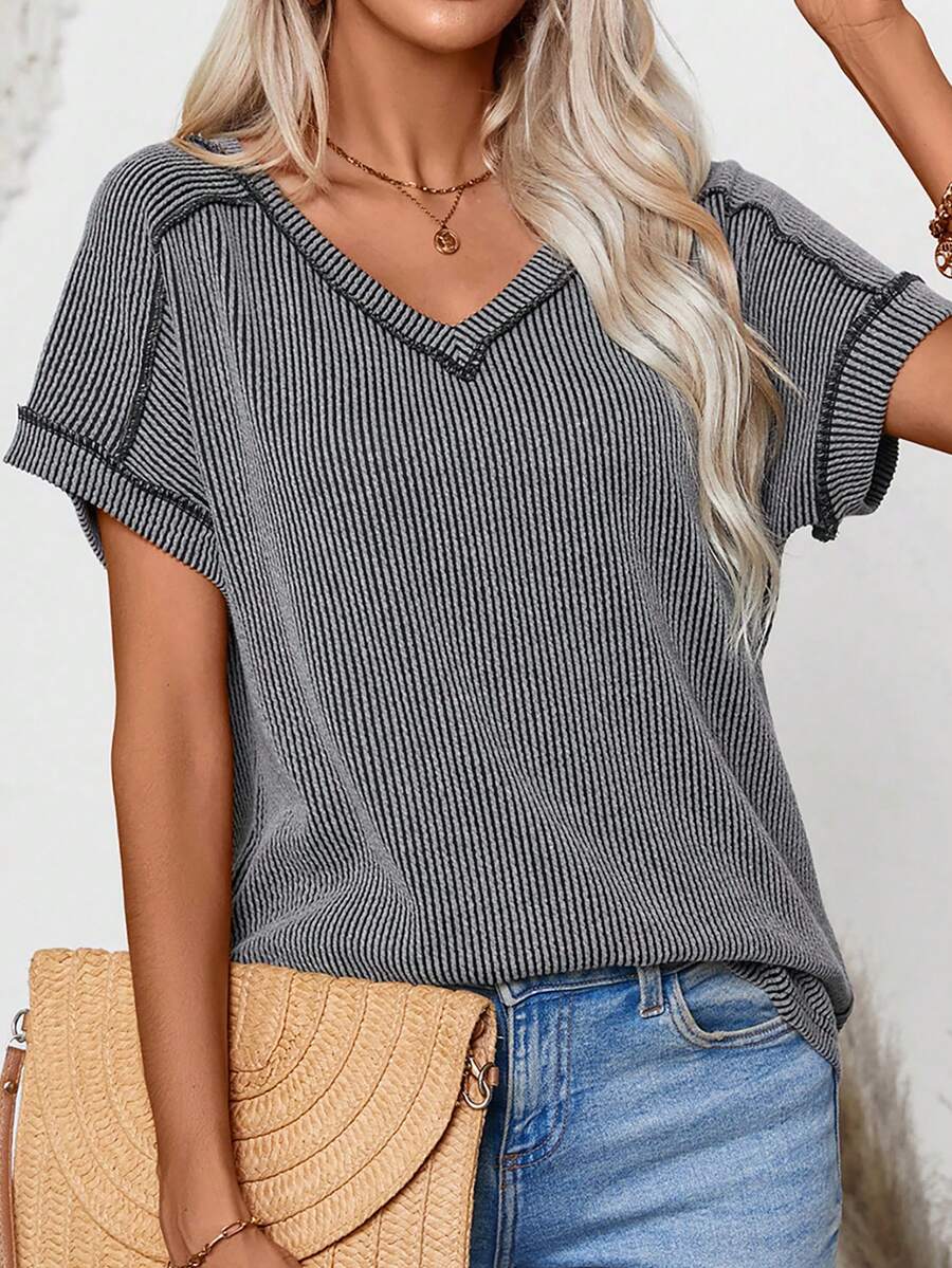 Women's Summer Tops V Neck T-Shirt Ribbed Cap Short Sleeve Casual Blouse - Black - View 1