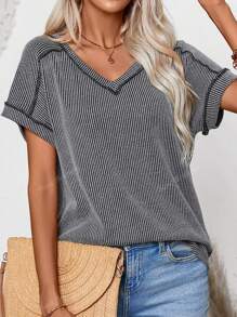 Women's Summer Tops V Neck T-Shirt Ribbed Cap Short Sleeve Casual Blouse