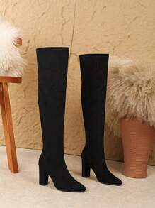 Women's Fashion Commuter, Versatile Party, Outdoor Casual, Over-The-Knee Elastic Boots, New Autumn/Winter Women's Boots, Sexy, Round Toe High Heel, Skinny Boots, Black Suede Thick Heel Tall Boots - Black - View 4