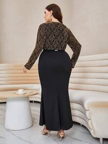 Robe autumnale grande taille élégante à ourlet en forme de queue de poisson avec patchwork et imprimé - Noir - Voir 6