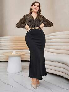 Robe autumnale grande taille élégante à ourlet en forme de queue de poisson avec patchwork et imprimé - Noir - Voir 2