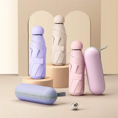 Capsule Umbrella Portable Mini Sunshade Sunscreen Rain Umbrella Black Rubber Alloy Handle Foldable Sun Rain Dual Use Capsule Umb, Back To School Supplies Summer Cooling,Beach,Travel