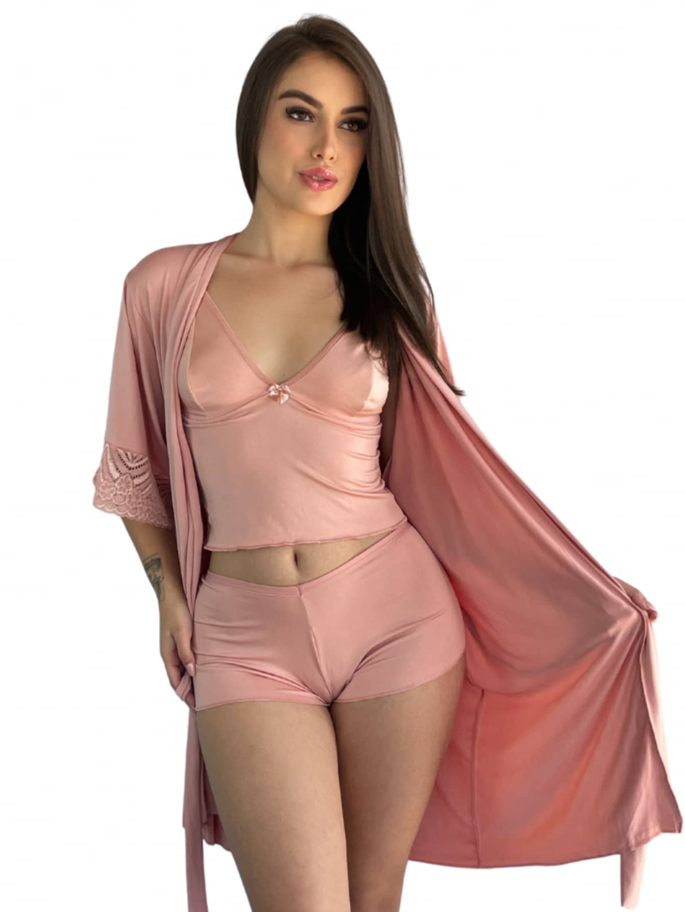 Charme Dela's Luxury Lace Robe With Polyamide Kimono Tie - Baby Pink - View 1