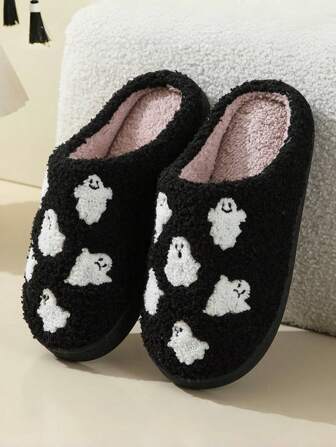 Halloween Ghost Pattern Warm Thermal Slippers, Teens/Youth Indoor Home Thermal Slippers