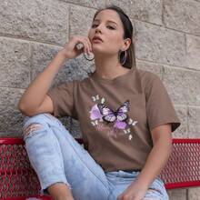 Basic Women's T-Shirt, T-Shirt, Casual, 100% Cotton, Premium With Round Neck, Animal Print Butter, High Definition - 鏽棕色 - 查看 3