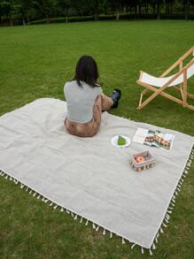 MeijiaMo 1 件米色亚麻矩形垫，便携式户外野餐毯，可折叠露营垫，适合海滩、露营、徒步旅行、旅行、家庭音乐会 - 彩色 - 查看 3