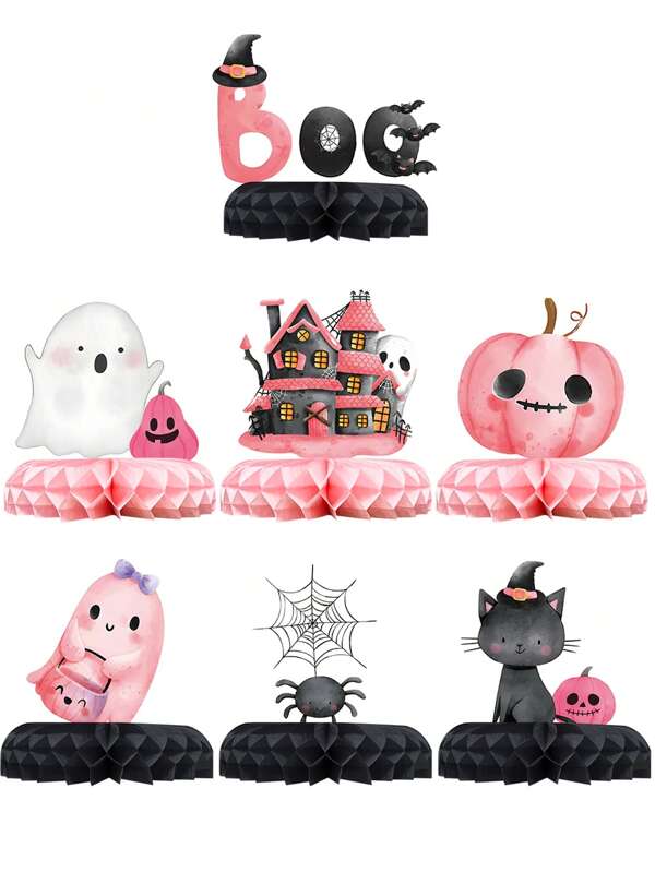 7Pcs Halloween Centerpieces,Pink Paper Honeycomb Ornament,Halloween Decorations,Table Decorations,Home Decor,Pumpkin Ghost Bat Spider Shape Honeycomb