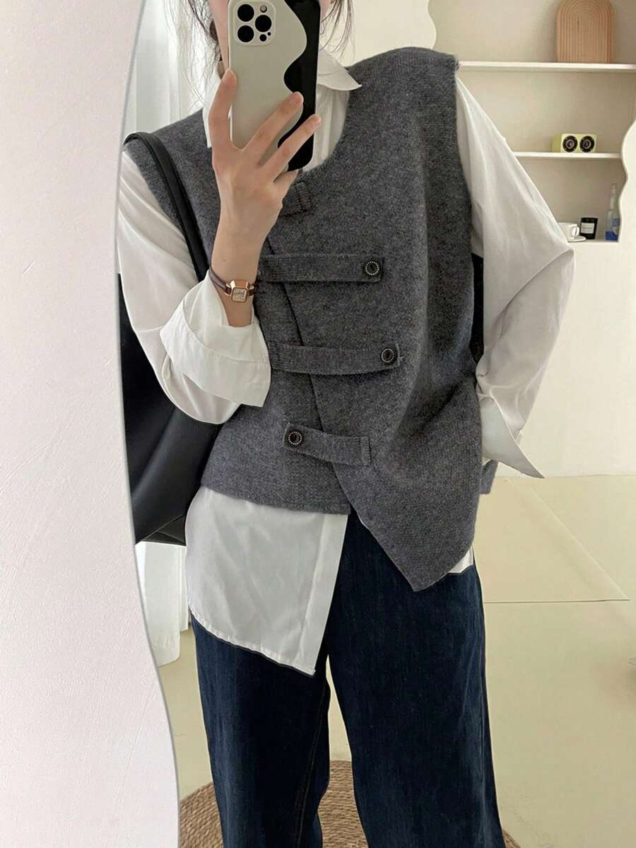 Alicedudu 女款秋冬不对称设计纽扣环简约毛衣背心 - 灰色 - 查看 1