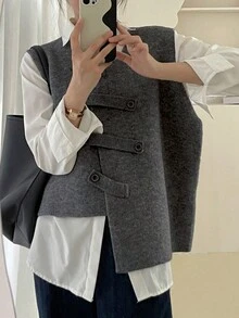 Alicedudu 女款秋冬不对称设计纽扣环简约毛衣背心 - 灰色 - 查看 4