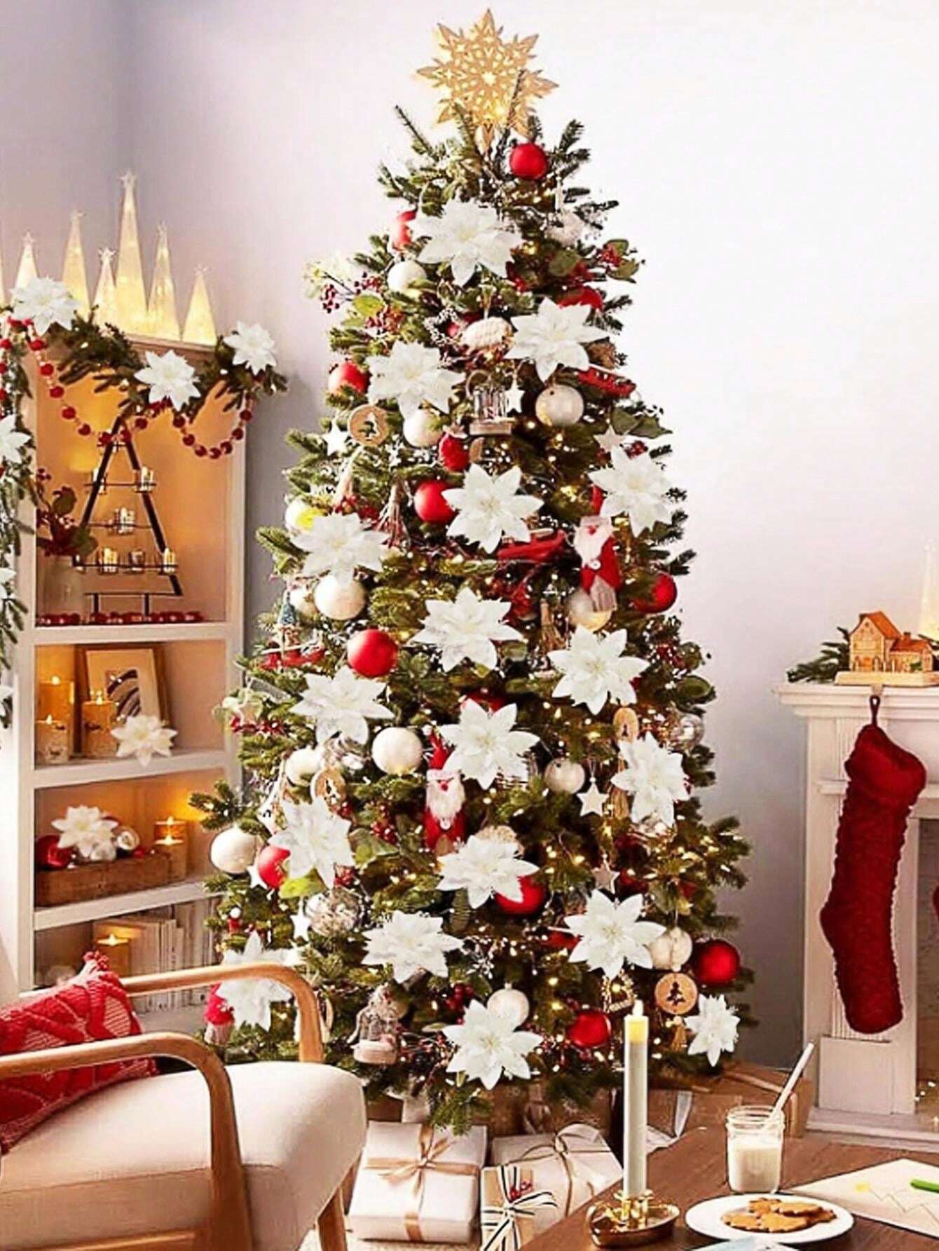 6pcs Artificial Christmas Flower, Poinsettia, Fake Christmas Tree Decor