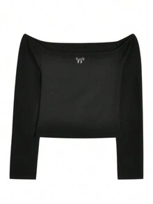 优雅黑色露肩长袖上衣，饰有亮片蝴蝶结，适合派对和情人节度假穿着 - 黑色 - 查看 6