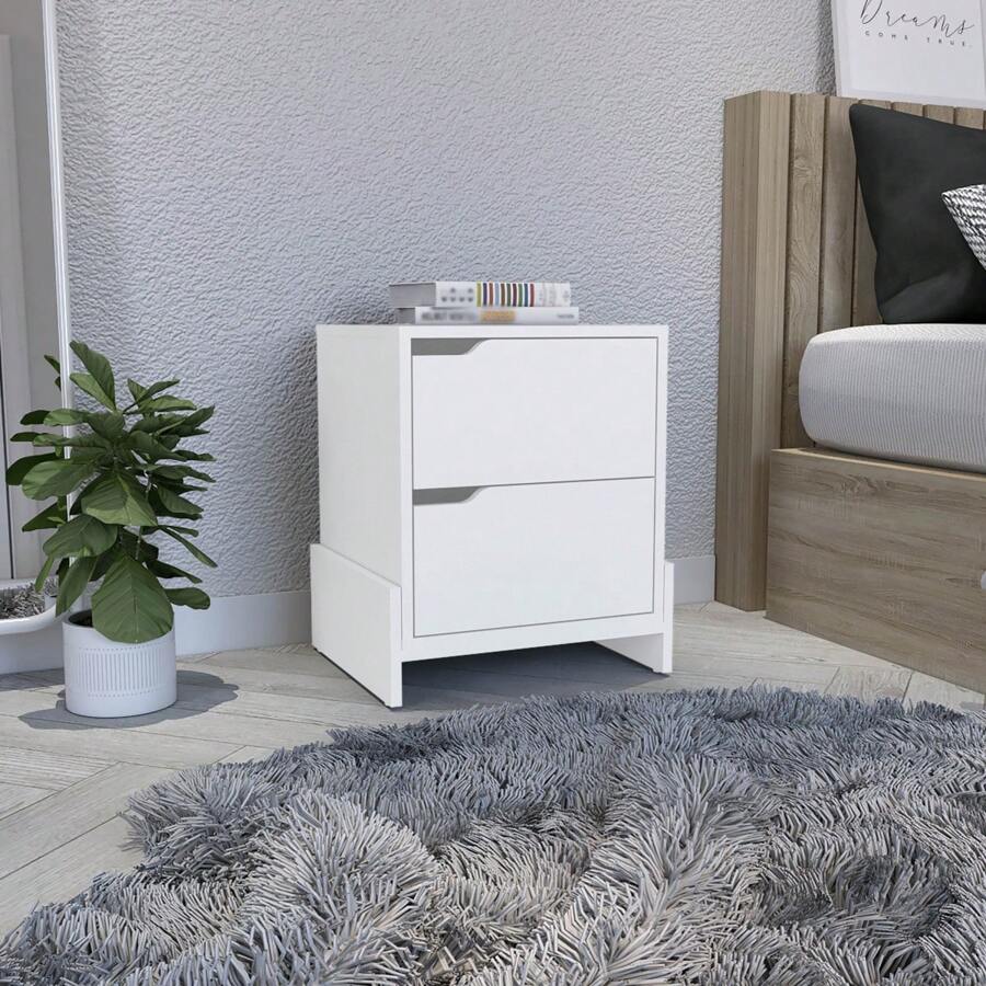White Modern Easy-To- Install Bedside Nightstand With 2-Drawers, With Openwork Gola Handles, With Floor Fixing With Two Sturdy Particle Board Legs