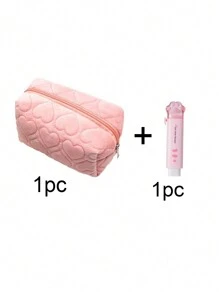 SHEIN X Jess 1pc Heart Tufted Pencil Bag, Simple Heart Embossed Design Office Stationery Organizer For Teen School - White - View 6