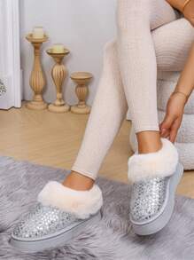 女士亮片雪地靴，冬季保暖毛绒内衬短靴，时尚厚实防滑户外靴