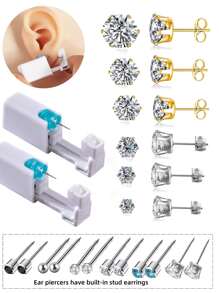 14pcs/Set Sterile Ear Piercing Kit, (2pcs Gold Tone Piercing Needles + 12pcs White Gold Tone Earrings) Super Shiny, One-Time Low Pain Ear Cartilage Piercing Gun With Built-In Earrings, Ear Beauty Tools And Accessories For Women - Gold - View 2