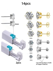 14pcs/Set Sterile Ear Piercing Kit, (2pcs Gold Tone Piercing Needles + 12pcs White Gold Tone Earrings) Super Shiny, One-Time Low Pain Ear Cartilage Piercing Gun With Built-In Earrings, Ear Beauty Tools And Accessories For Women - Gold - View 8