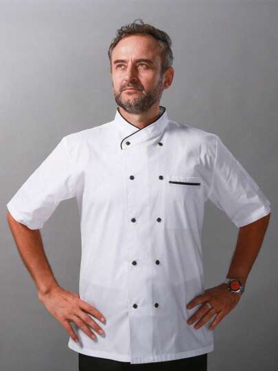 1 件男士厨师夹克，双排扣，短袖，透气，轻便，适用于厨房、面包店、餐厅、酒店工作