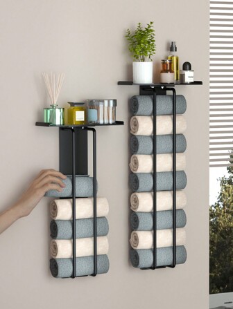 1st handdukshållare för badrum, spiralhanddukshållare i metall med översta förvaringshylla, väggmonterad handdukshållare och förvaringsställ, svart, badrumstillbehör