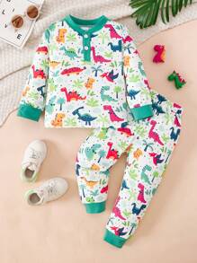 2pcs/Set Dinosaur & Ditsy Floral Long Sleeve Top And Pants Casual Outfit, Autumn/Winter