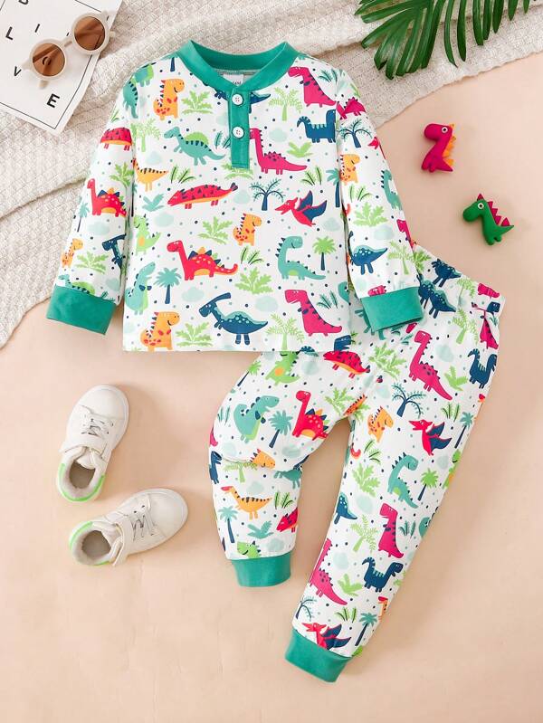 2pcs/Set Dinosaur & Ditsy Floral Long Sleeve Top And Pants Casual Outfit, Autumn/Winter