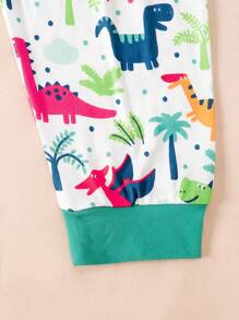 2pcs/Set Dinosaur & Ditsy Floral Long Sleeve Top And Pants Casual Outfit, Autumn/Winter