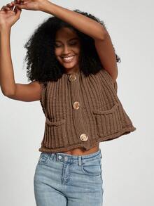 Women's Solid Color Knitted Pocket Decor Thick Knit Vest - Coffee Brown - View 9