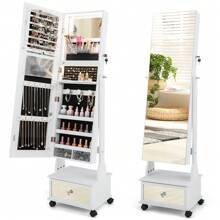 Lockable Jewelry Armoire With Full-Length Mirror Mobile Jewelry Cabinet With 3-Color Light & Drawer Adjustable Angles - White - View 1