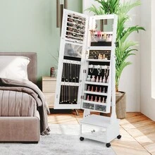 Lockable Jewelry Armoire With Full-Length Mirror Mobile Jewelry Cabinet With 3-Color Light & Drawer Adjustable Angles - White - View 4