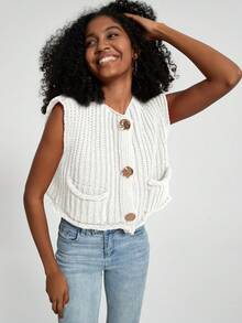 Women's Solid Color Knitted Pocket Decor Chunky Knit Vest - Beige - View 5