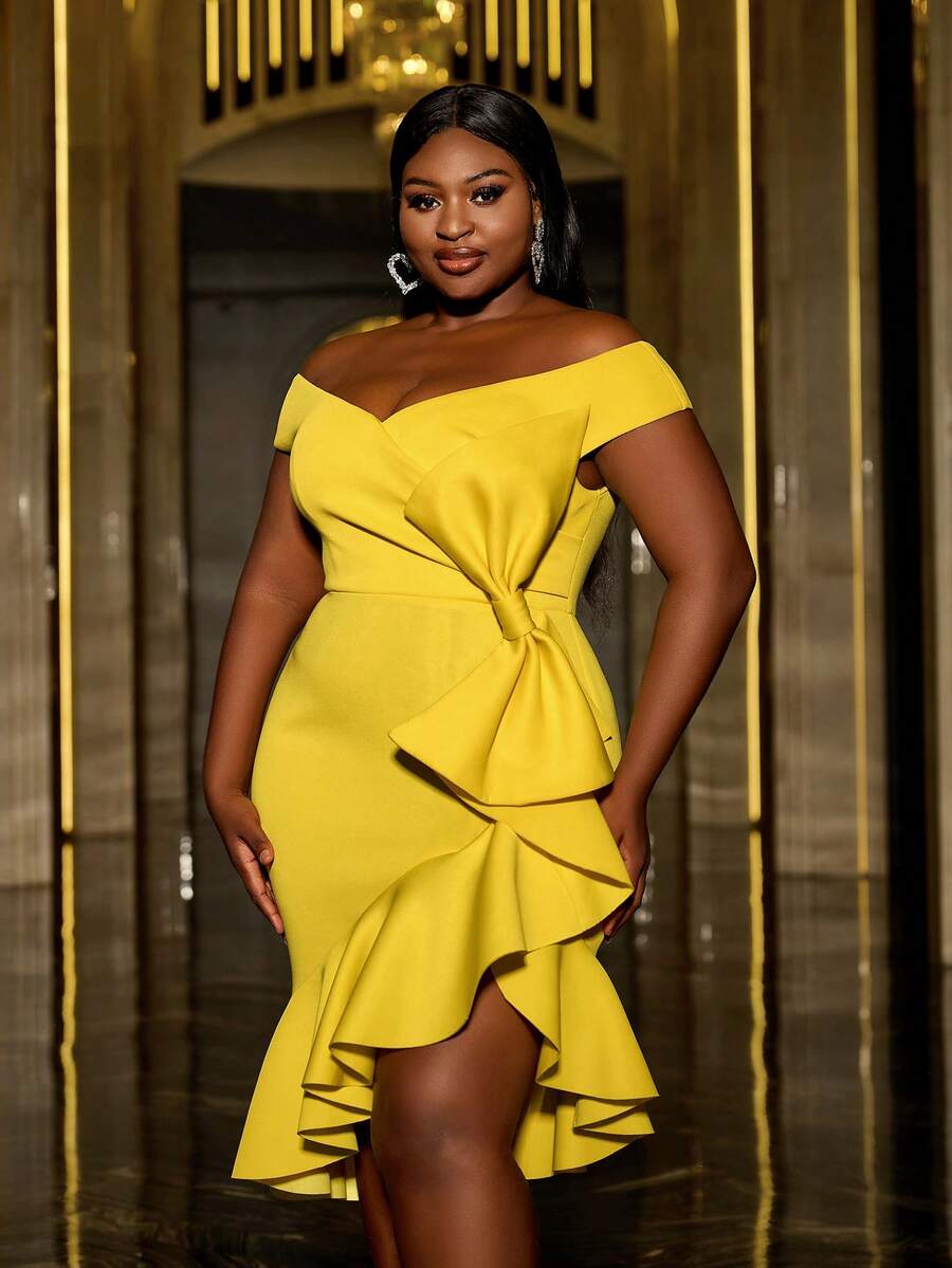 Plus Đầm dự tiệc hở vai trang trí nơ, viền xếp nếp bất đối xứng, Đầm dạ hội bán trang trọng thanh lịch, Dành cho sinh nhật, khách dự tiệc cưới, tốt nghiệp, tiệc tối, dạ hội - Màu vàng - Xem 1