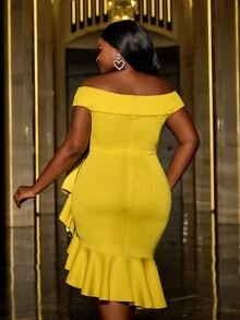 Plus Đầm dự tiệc hở vai trang trí nơ, viền xếp nếp bất đối xứng, Đầm dạ hội bán trang trọng thanh lịch, Dành cho sinh nhật, khách dự tiệc cưới, tốt nghiệp, tiệc tối, dạ hội - Màu vàng - Xem 2