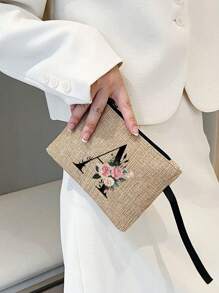 2 件/套简约花朵首字母 A-Z 印花亚麻手提包，粉色流苏，亚麻包，包括一个手提包和一个零钱包，简约旅行包，化妆品钱包，大容量旅行化妆包日常使用、约会、生日、度假、返回学校、度假、海滩、旅行、通勤、商务、学生、野餐、露营、超市、日常收纳，（小包手带方向随机），圣诞节最佳教师礼物 - 卡其色 - 查看 4