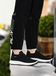 Men's Slip-On Knit Fabric Sport Shoes, Breathable Lightweight Casual Running Sneakers, Soft Sole Slip-On Driving Loafers